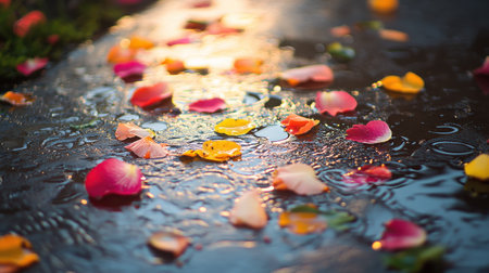 Vibrant petals in shades of pink and yellow rest on a wet surface, glistening under the soft light after a refreshing rain, showing nature's delicate beauty and freshness.の素材