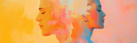 The profiles of a couple, beautifully blended with vivid colors that symbolize connection and intimacy. The soft expressions reflect a deep bond between them.の素材