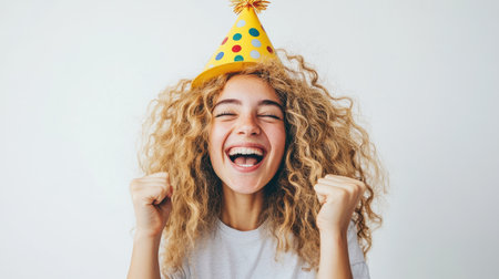 A young woman with curly hair beams with excitement while wearing a colorful party hat. Her jubilant expression conveys pure joy as she celebrates a special moment, fists raised in enthusiasm.の素材