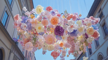 A stunning display of colorful flowers hangs gracefully in the air, bringing life to the bustling city square.の素材