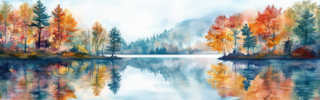 A serene lake mirrors the stunning autumn foliage, showing vibrant reds, oranges, and yellows. Trees line the water's edge, while mist blankets distant mountains, creating a peaceful atmosphere.の素材