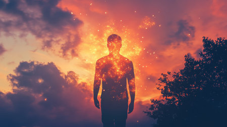 A man stands tall amidst a vivid sunset, glowing with an ethereal light. The sky ignites with hues of orange and purple, creating a surreal atmosphere full of wonder.の素材
