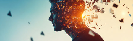 A man stands in profile, his head radiating light as fragments of his mind disperse into the air, representing ideas and creative energy in a vibrant, abstract atmosphere.の素材