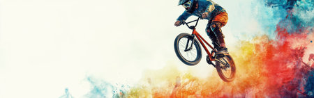 A skilled biker performs an impressive jump, surrounded by dynamic watercolor splashes. The bold colors create an energetic atmosphere, showcasing the thrill of extreme sports.の素材