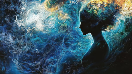 A luminous woman enveloped in vibrant, swirling colors creates a dreamlike atmosphere. The surreal background features shades of blue, orange, and hints of cosmic textures, evoking a sense of wonder.の素材