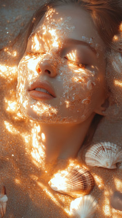 A woman lies peacefully on the sand, her face illuminated with a soft, ethereal glow. Seashells rest beside her while sparkling sunlight dances across her features.の素材