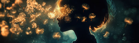 A child's silhouette is captured against a mystical backdrop filled with floating, illuminated dandelion seeds, creating a whimsical and ethereal feeling.の素材