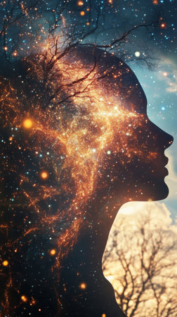 A woman emanates a radiant glow, seamlessly blending with a cosmic landscape of stars and swirling galaxies. The setting captures a dreamlike atmosphere at twilight.の素材