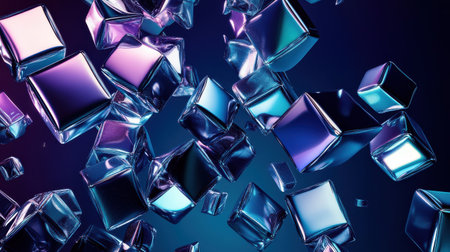 Sculptural forms in icy silver float and dance, reflecting light in shades of blue and purple. These abstract shapes evoke a sense of movement and depth in a lively environment.の素材