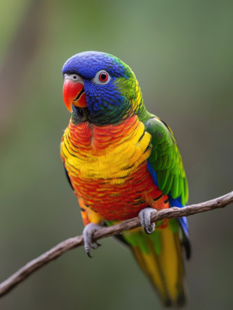 A vibrant parrot is perched on a branch, showing its vivid plumage in shades of green, blue, yellow, and red. This scene captures the beauty of wildlife in a natural setting.の素材