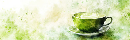 A close-up view of a steaming matcha latte in a green cup, surrounded by a soft, watercolor background. Vibrant shades create a calming and artistic atmosphere, enhancing the drink's appeal.の素材