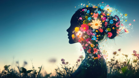 Depicting a woman's silhouette integrated with colorful flowers, this artwork symbolizes creativity and harmony.の素材