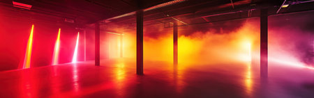 A vibrant space featuring striking crimson and neon lights creates a high-energy atmosphere. The surroundings are filled with a sense of excitement and creativity, enhanced by fog.の素材