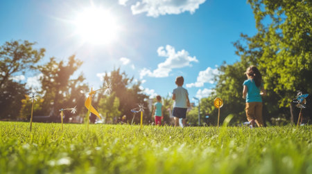 Bright sunlight illuminates a park where children run and play. The green grass is dotted with colorful decorations, creating a lively atmosphere of enjoyment and freedom.の素材