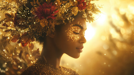 In a radiant environment, a woman with glowing skin stands serenely, her face adorned with patterns of light.の素材