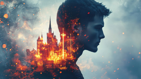 A man's silhouette glows as a fiery castle erupts in flames within his profile. The background features swirling hues suggesting twilight, evoking a sense of creativity and passion.の素材