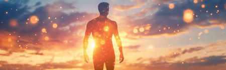 A man stands in a stunning landscape, illuminated by an inner glow at sunset. The vibrant sky is filled with swirling clouds and sparkling particles, creating a magical atmosphere.の素材