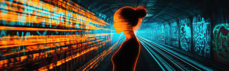 A woman stands silhouetted in a dimly lit tunnel, her figure glowing with bright colors.の素材