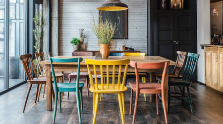 A lively dining area features an eclectic mix of colorful chairs surrounding a rustic wooden table. Natural light floods the space, enhancing the welcoming atmosphere.の素材