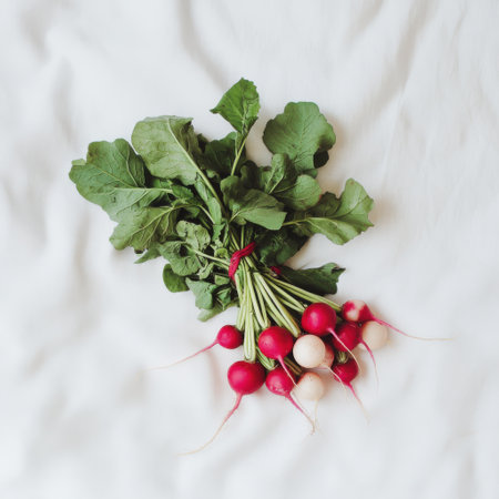 A bunch of freshly harvested radishes featuring purple and white varieties is displayed alongside lush green leaves.の素材