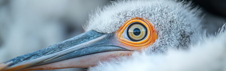 Capturing the intricate details of a pelican chick's face, with soft feathers and bright eyes, providing insight into the beauty of wildlife during a warm afternoon.の素材