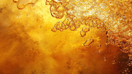 Warm golden amber hues fill the backdrop as bubbles rise and reflect light, creating an inviting and vibrant atmosphere. The scene captivates with its rich colors and energetic movement.の素材