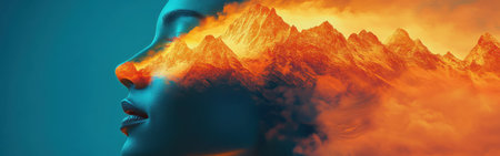 A woman's face radiates a mystical glow as vivid mountains blend seamlessly with her features. The enchanting colors create a dreamlike atmosphere, captivating the viewer.の素材
