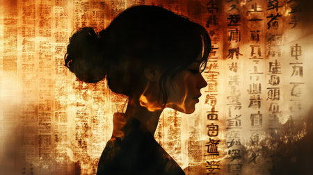 A woman with a calm expression is illuminated from behind, creating a luminous silhouette. She stands in front of a wall adorned with intricate ancient writing, enhancing the tranquil atmosphere.の素材
