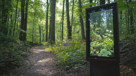 An interactive augmented reality panel stands on a forest trail, displaying a lush garden filled with colorful flowers. Sunlight filters through the trees, creating a serene atmosphere.の素材