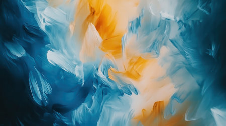 Pastel blue and amber brushstrokes interact chaotically, merging and contrasting in a fluid motion, showcasing an abstract representation of color and movement, evoking emotion and energy.の素材