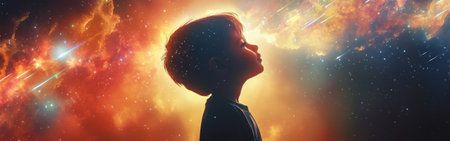 A young child stands in profile, eyes wide with amazement as they glow amidst a colorful cosmic backdrop, symbolizing dreams and imagination. The radiant atmosphere conveys a sense of exploration.の素材