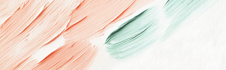 Vibrant brush strokes in coral and mint green elegantly stretch across a clean white background, exuding a modern artistic ambiance perfect for creative inspirations.の素材