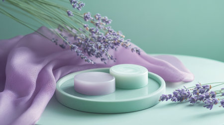 Lavender and mint soap bars rest on a soft green tray surrounded by delicate lavender flowers and a flowing lavender fabric, evoking a serene atmosphere.の素材