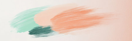 Delicate brush strokes flow across a light background, showing a blend of soft greens, peach, and a hint of dark teal. The use of negative space enhances the overall aesthetic appeal.の素材