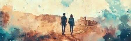A couple strolls hand in hand across a sandy landscape dotted with ancient ruins. The vibrant watercolor backdrop creates a serene atmosphere as the sun sets in the distance.の素材