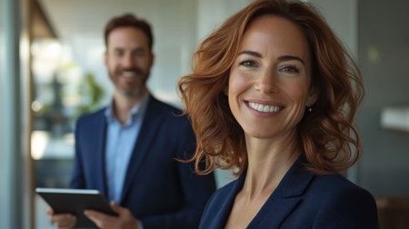 A professional woman with wavy auburn hair stands smiling in an office, adorned in a tailored suit. A man with a tablet is visible in the background, creating a collaborative atmosphere.の素材