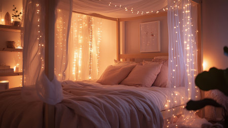 This inviting bedroom features soft blush pink tones, a luxurious bed adorned with plush pillows, and fairy lights draping softly, enhancing the romantic ambiance perfect for an intimate evening.の素材