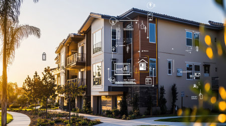 This rental property features interactive icons showcasing its amenities amidst a well-landscaped environment at sunset. A modern design complements the tranquil setting.の素材