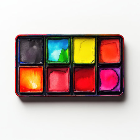 A vibrant palette filled with assorted watercolor paints in bright colors sits ready for use, encouraging creativity and artistic expression during a painting session.の素材