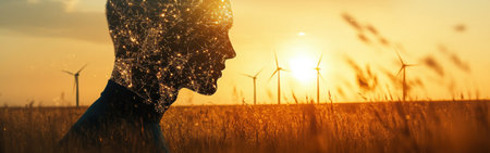 Silhouette of a man illuminated with glowing patterns stands against a sunset landscape. Wind turbines are visible in the background, adding to the serene atmosphere.の素材