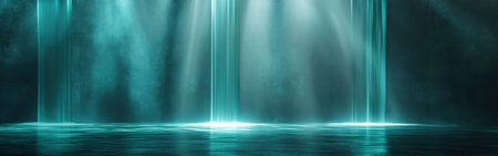 Soft beams of dark teal light cascade down in a tranquil environment, reflecting on a calm water surface. The overall mood evokes a sense of peace and introspection.の素材