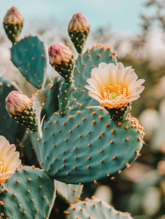 A beautiful cactus flower opens in full bloom, showing its bright petals and intricate details. Surrounding buds add to the charm, highlighting the desert's vibrant flora in bright daylight.の素材