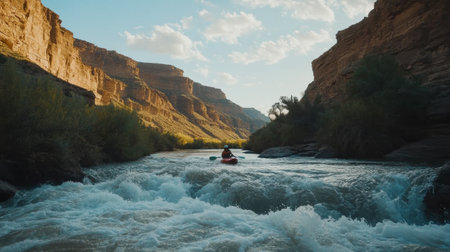A kayaker skillfully maneuvers through choppy waters in a narrow canyon, surrounded by towering rock formations and lush greenery as the sun sets, casting warm light.の素材
