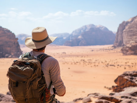 A lone traveler stands on a rocky outcrop, gazing at the expansive desert landscape of Wadi Rum. The warm sun shines down on the iconic sandstone formations and endless sands.の素材