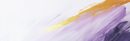 Delicate brush strokes create a soothing composition with lavender, deep purple, and shimmering gold elements against a soft white background, embodied artistic expression and tranquility.の素材