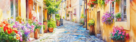 A peaceful cobblestone alley is adorned with colorful flower pots and bright blooms. The warm sunlight enhances the rustic charm of the Mediterranean village, inviting leisurely strolls.の素材