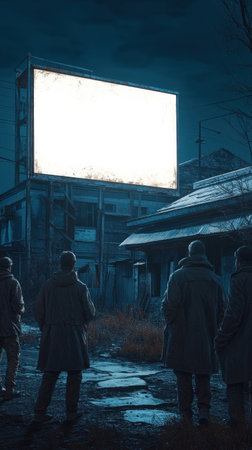 A group of four figures in long coats gathers in a desolate area, gazing at a stark blank billboard illuminated against the dark sky. Abandoned buildings surround the scene.の素材