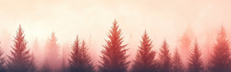 A tranquil early morning view showcases a soft silhouette of tree lines in muted coral hues, capturing the serene beauty of nature at dawn.の素材