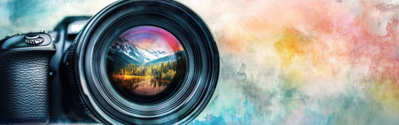 A detailed view of a camera lens showcases a colorful landscape reflected within it. The backdrop features an artistic watercolor pattern, enhancing the lens's focus on nature.の素材