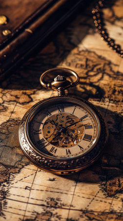 A vintage pocket watch rests on a weathered map, showing its ornate design and mechanical workings. The warm tones evoke a sense of nostalgia and adventure, inviting exploration.の素材